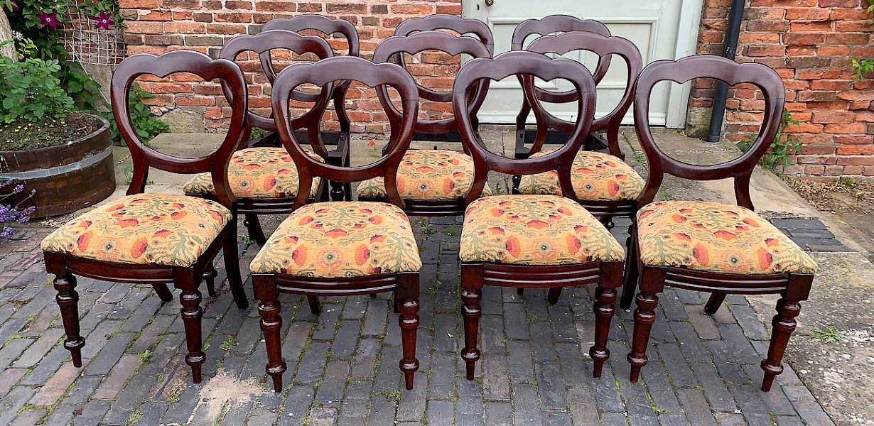 A Set of 10 Victorian Mahogany Balloon Back Dining Chairs c1860