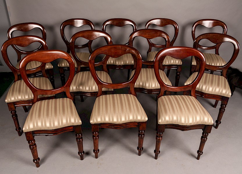 Set of 12 Victorian Mahogany Balloon Back Dining Chairs