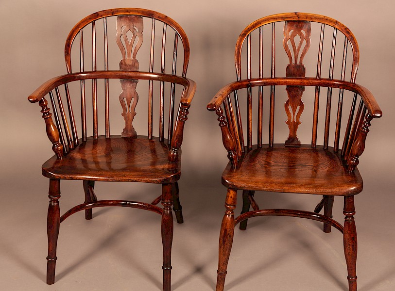 Matching Pair of Yew Wood Windsor Chairs by Nicholson of Rockley