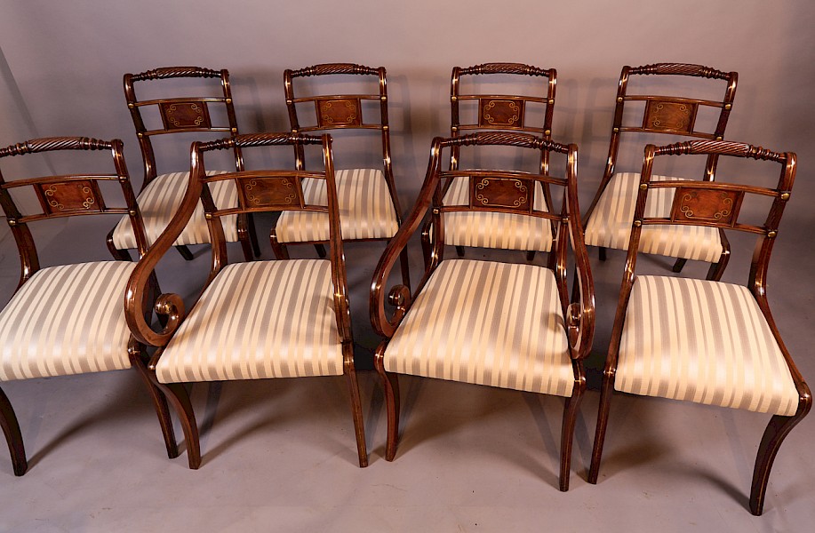 Superb Set of 8 Regency Brass Inlaid Dining Chairs