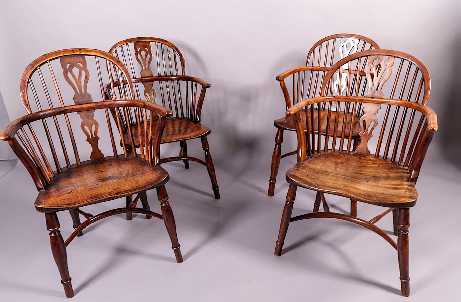 Rare Near Set of 4 Yew Wood Windsor Chairs William Wheatland Retford