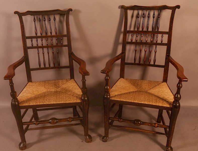 A Pair of 19th century Spindle Back Armchairs with rush seats