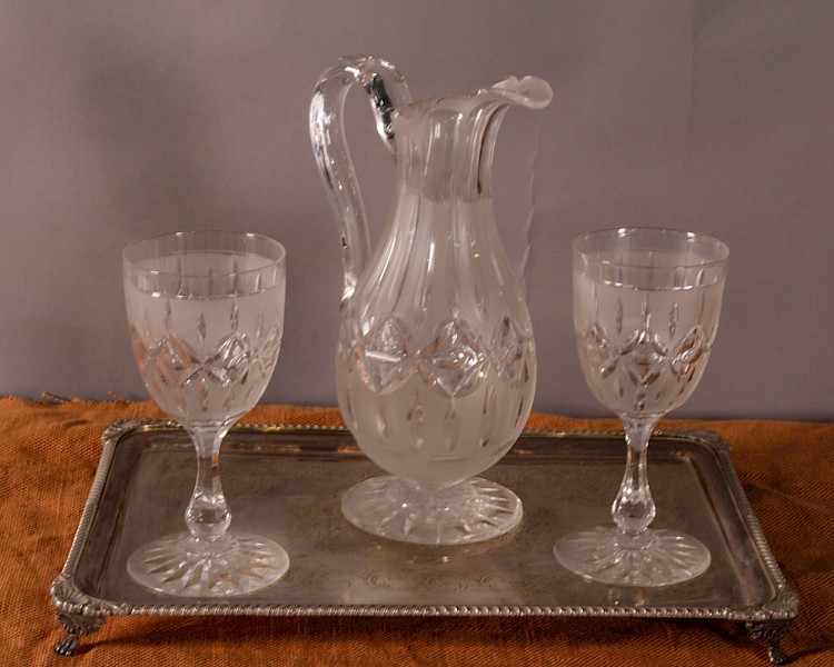 A Glass Water Jug and 2 matching Glasses c 1840