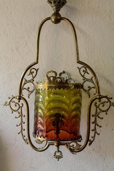 A Good Victorian Hanging Lamp with red and Yellow glass shade
