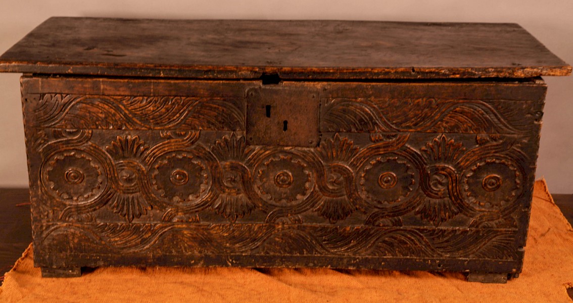 A 17th century Deed Box in Oak Carved
