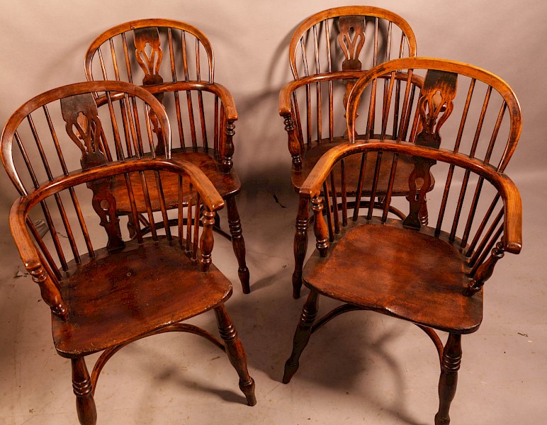 A Harlequin set of 4 Ash and Elm Windsor Chairs