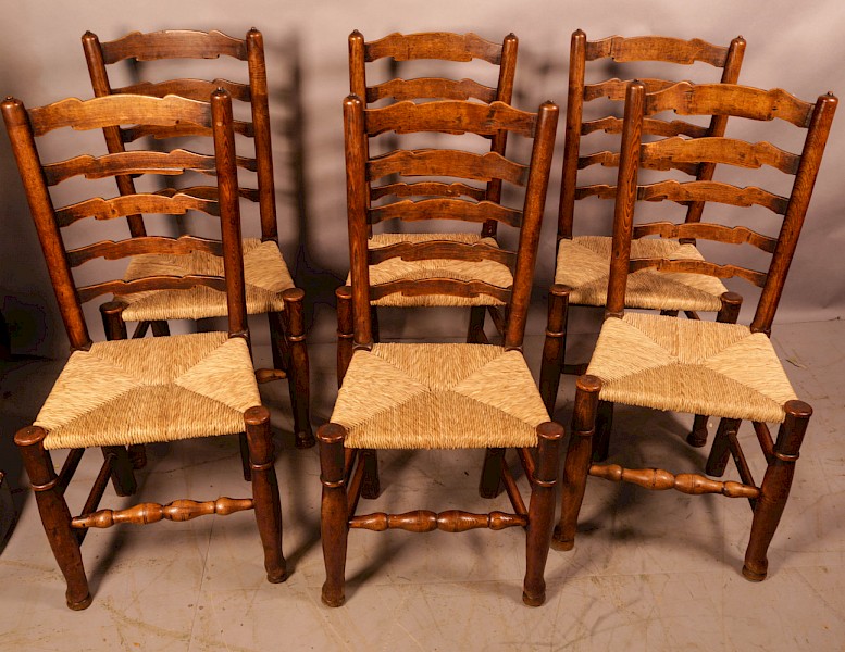 A Rare Genuine matching set of 6 Georgian Ladder Back Dining chairs in Elm