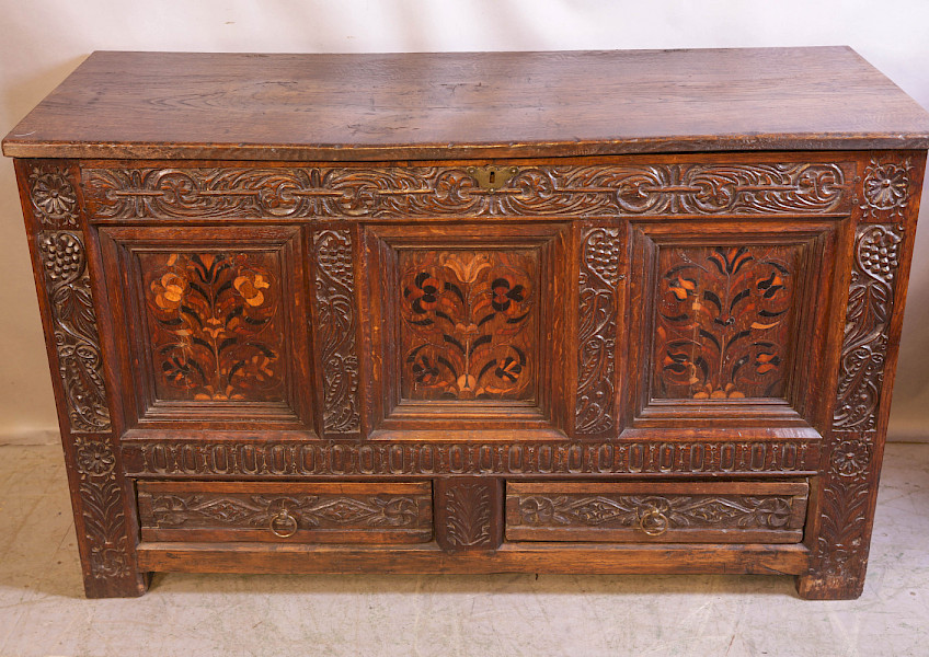 A Very Rare large Oak coffer with inlaid panels Leeds area