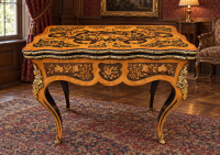 A stunning marquetry games table inlaid and brass mounts